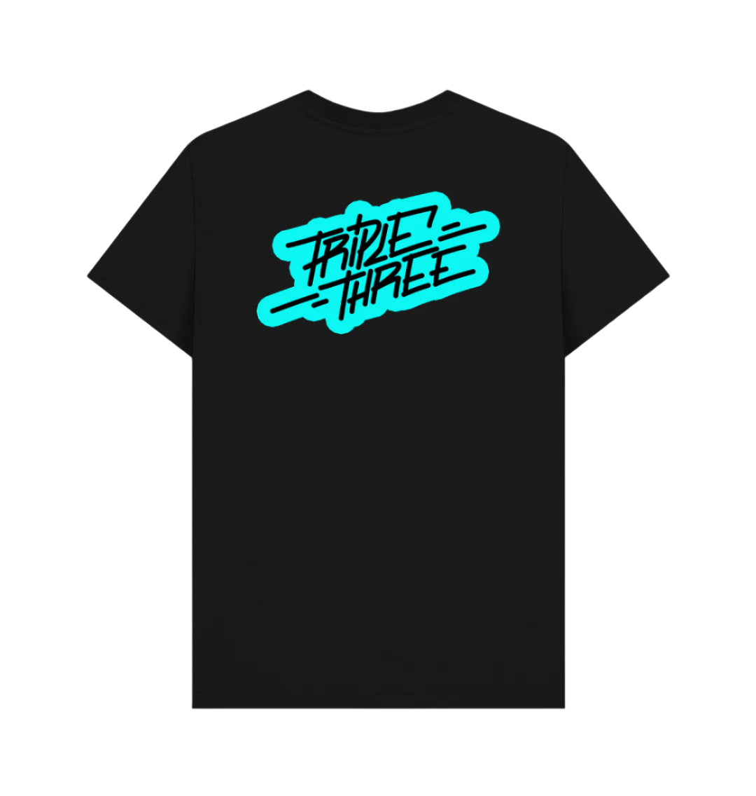 Black skate tee shirt with bright coloured design
