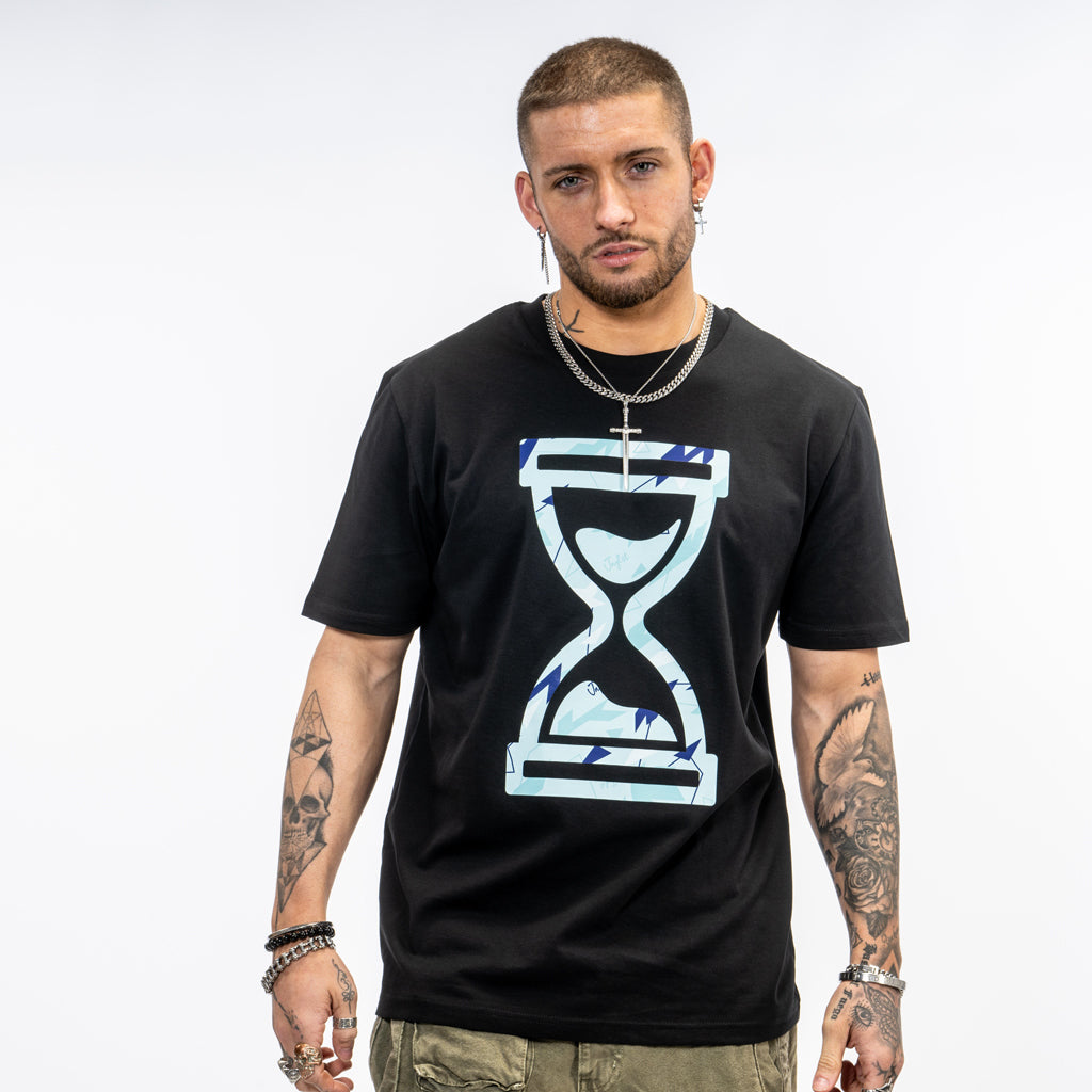 Black skate T Shirt with blue camo design