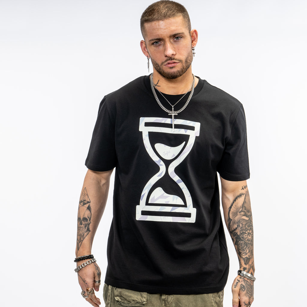 Camo time in cream on a black organic t shirt