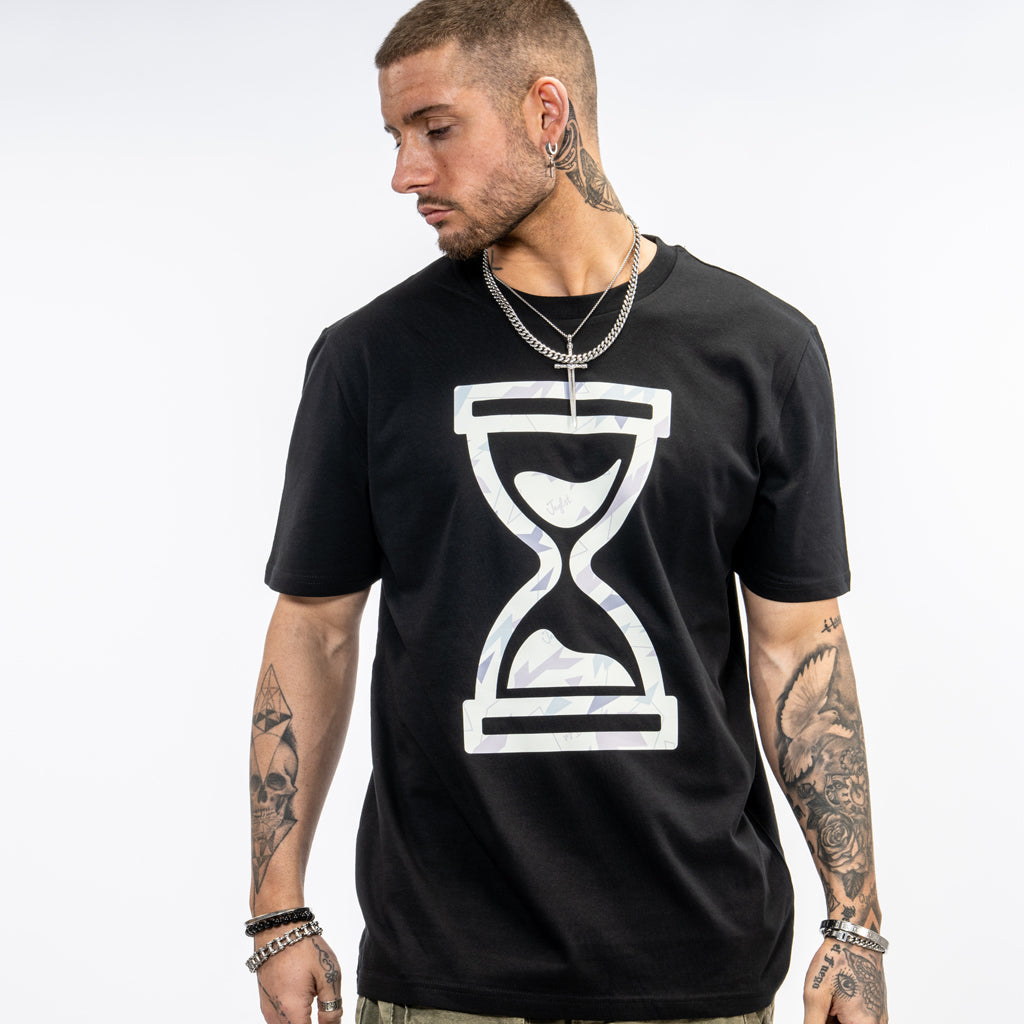 Cream Camo Time on a black organic skate t shirt