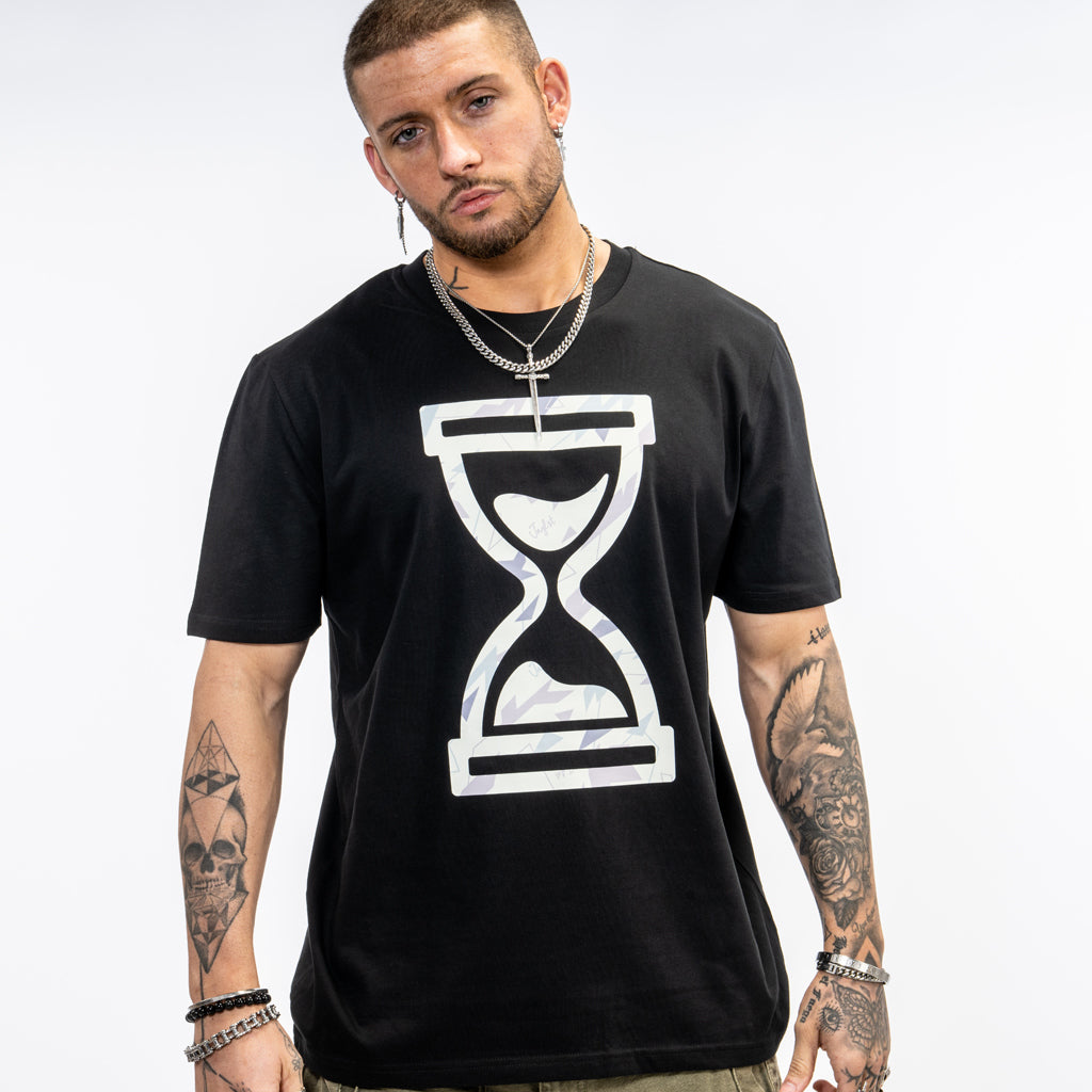Cream camo time design on a black skate t shirt