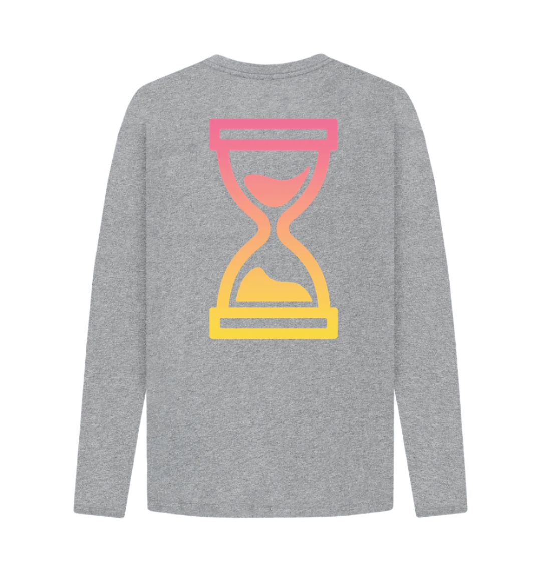 long sleeve grey t shirt with a large print on the back
