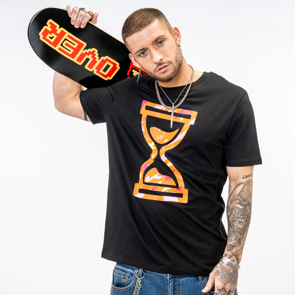 Orange Camo on a black skate t shirt