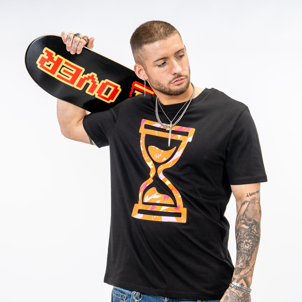 Black organic t shirt with Jnglst orange camo design
