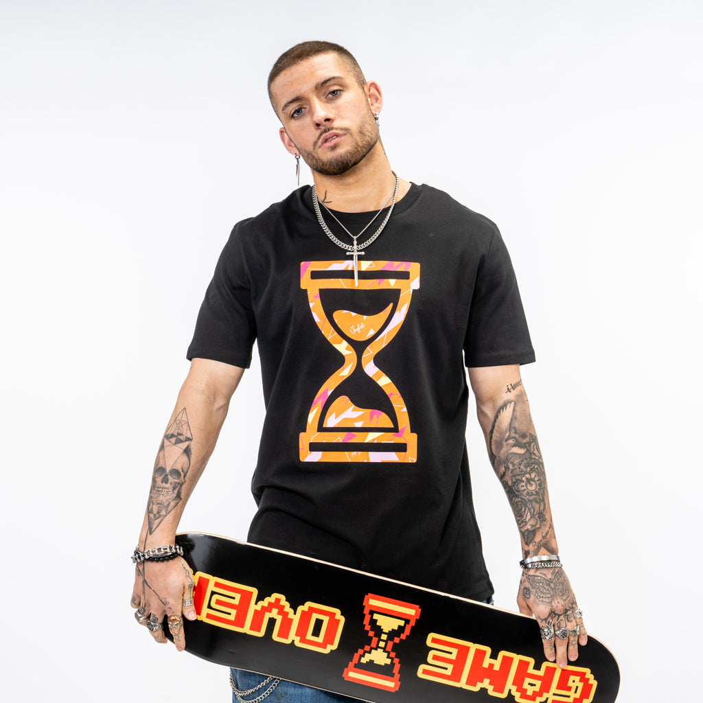 Black skate t shirt with orange camo time design