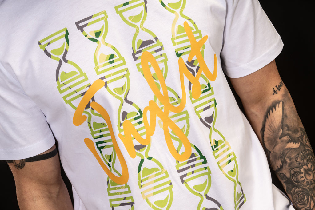Close up White Skate T Shirt with Green Camo Design