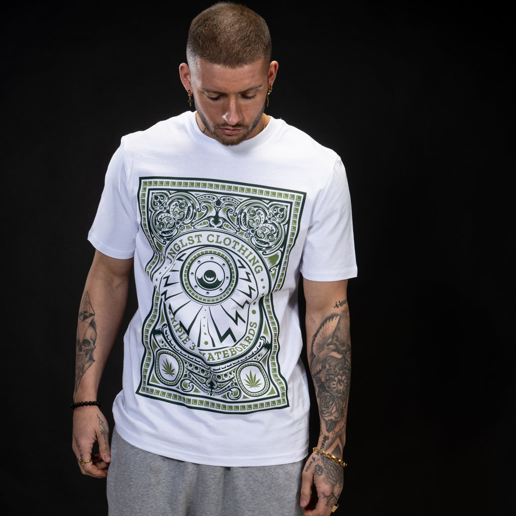 White Skate Life T Shirt with Green Print