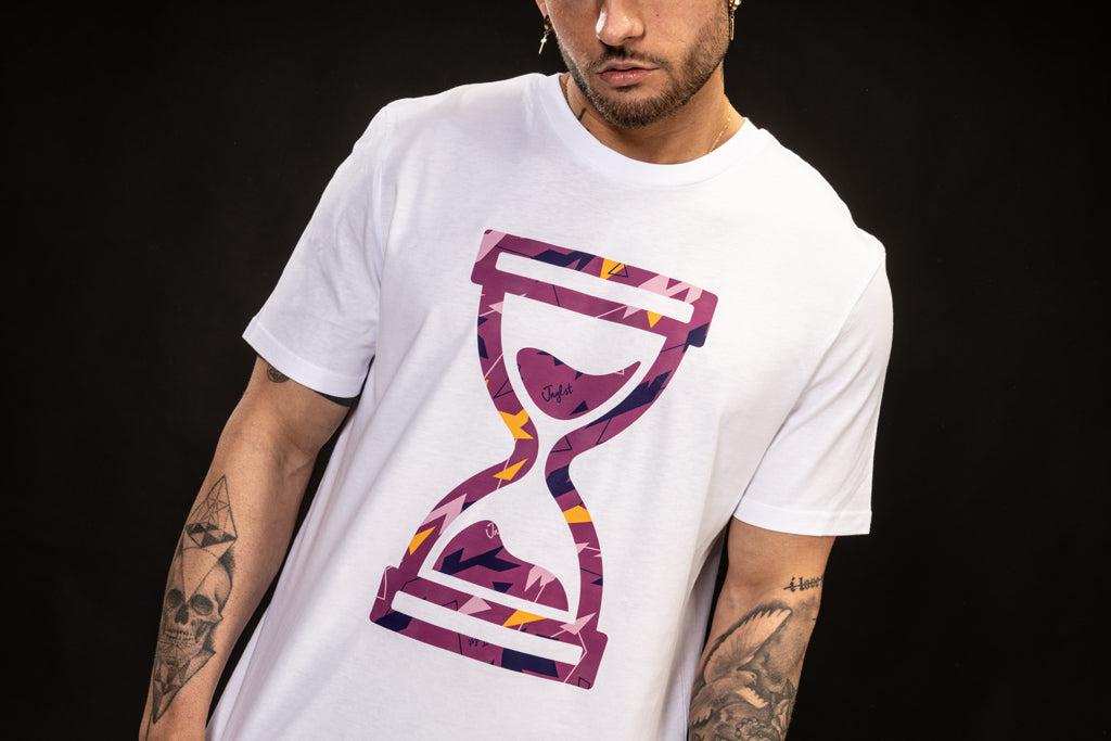 Purple hourglass camo time on a white t shirt
