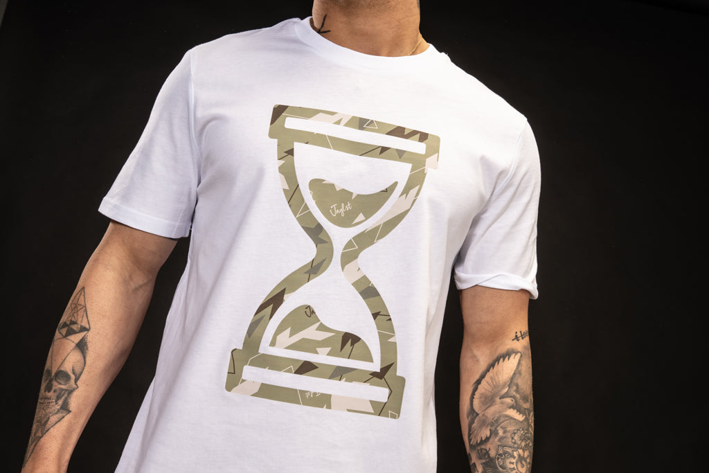 White Skate Tee with Green Camo Design