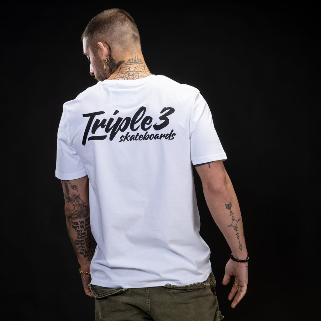 White Script Triple 3 Skateboarding T Shirt