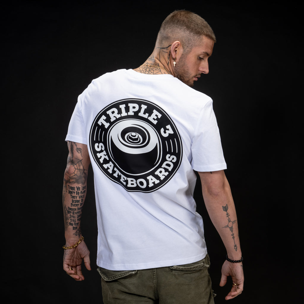 White Back of Triple 3 Skateboarding T Shirt