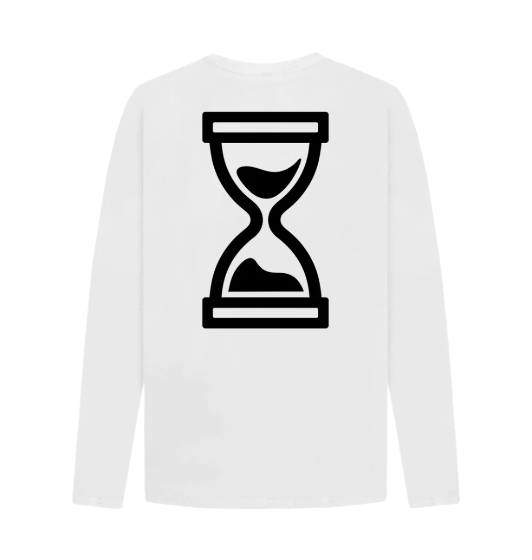 Large back print on white long sleeve streetwear organic t shirt