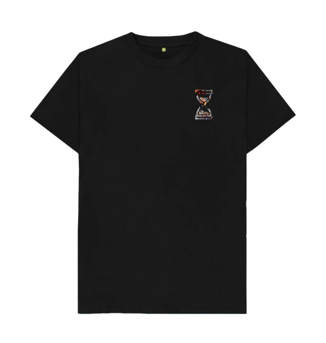 Small print on the front of this black organic sixties inspired t shirt