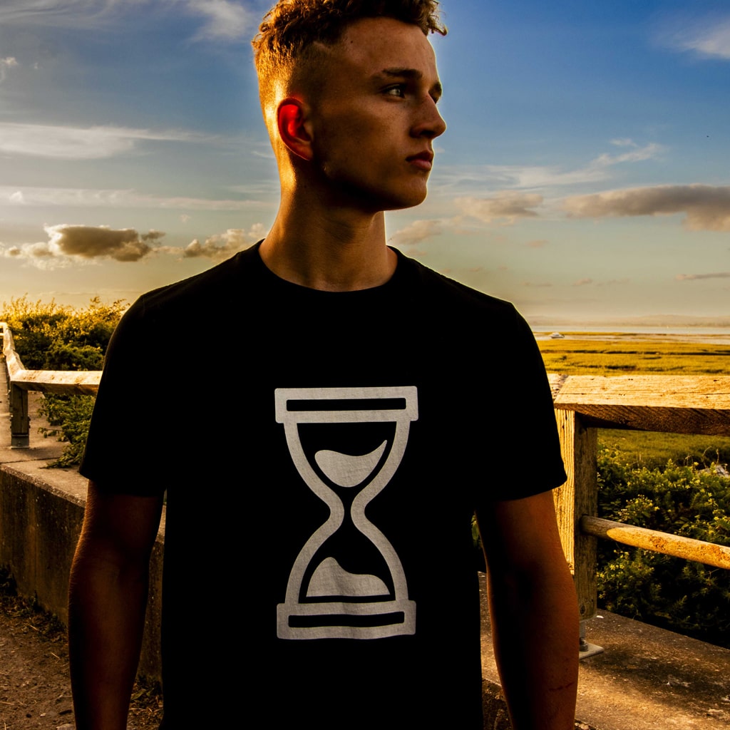 Classic Hourglass white print on a black t shirt