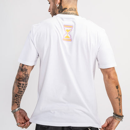 white skateboarding t shirt with vintage gaming coloured back detail